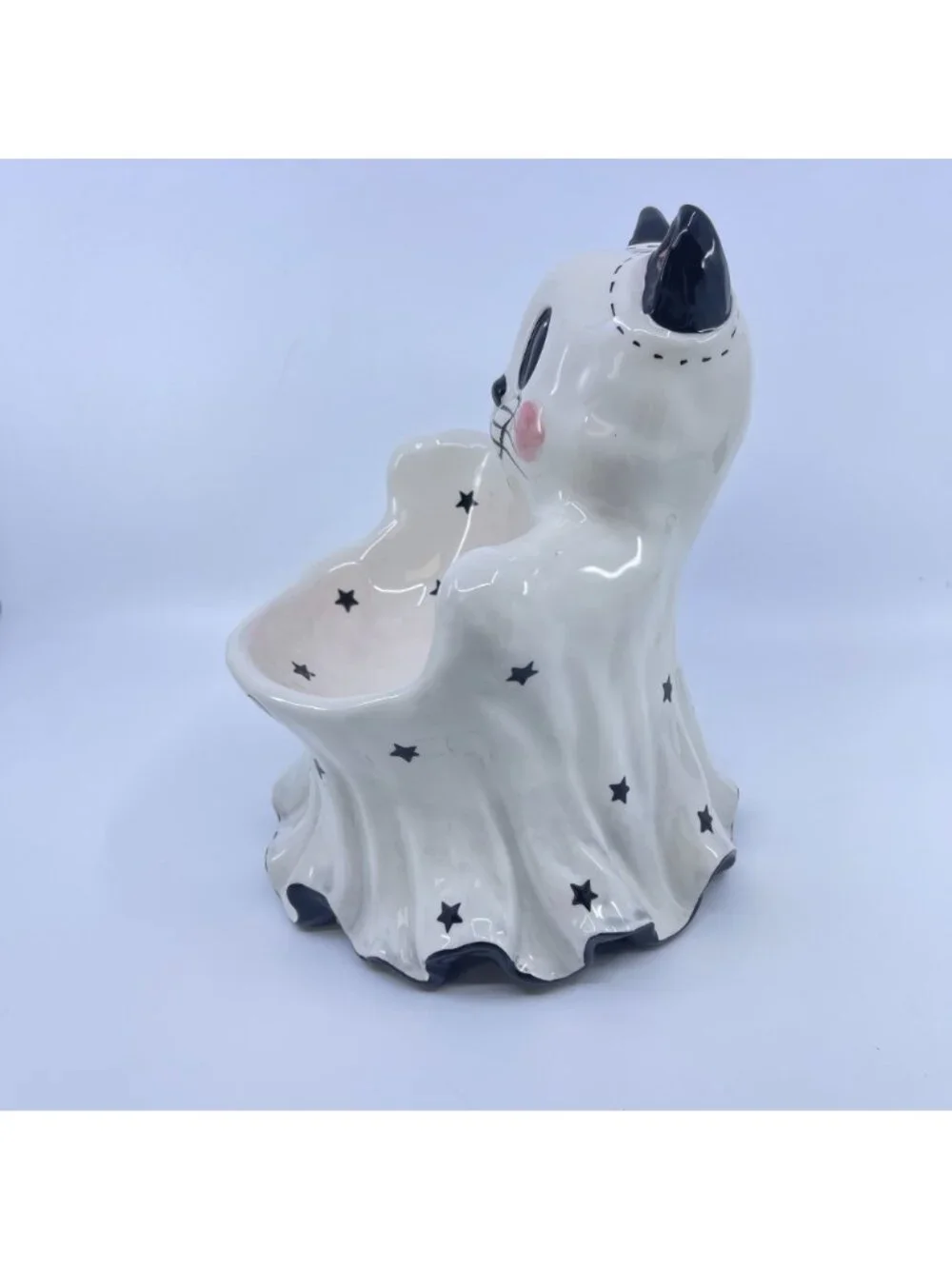 blue sky clay works ghost cat ceramic pedestal bowl happy meowlloween inscriptio